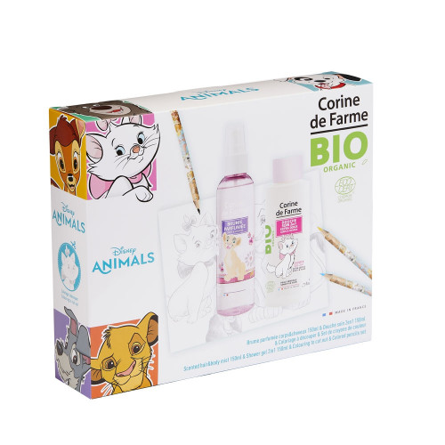 Corine de Farme - Disney Animals - Coffret Brume parfumée 150ml BIO + Gel douche 150ml BIO + set de crayons de couleur - Marie 